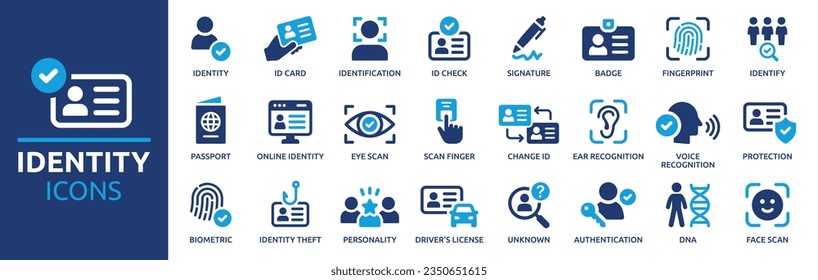 Identity icon set. Containing ID card, biometric, fingerprint, identification, passport, DNA and authentication icons. Solid icon collection. Vector illustration.