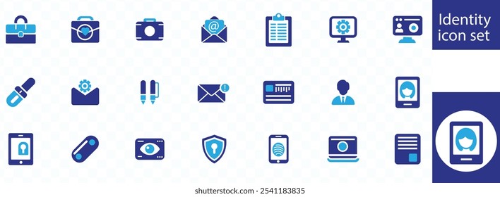Conjunto de iconos de identidad. Contiene tarjeta de identificación, biométrica, huella digital, Identificación, pasaporte, ADN e íconos de autenticación. Icono sólido colección