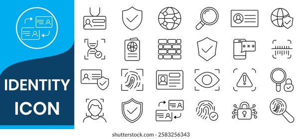 Identity icon set. Containing ID card, biometric, fingerprint, identification, passport, DNA and authentication icons. Solid icon collection.