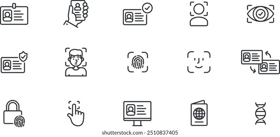 Identity icon set. identification, face scan, eye scan, id protection, biometric, dna, authentication etc.
