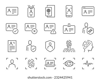 Identity icon set. It included ID card, passport, driving license, authorization, and more icons. Editable Vector Stroke.