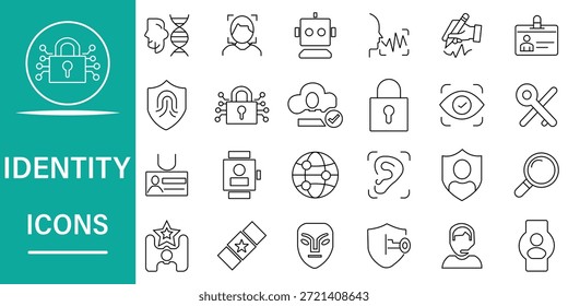 Conjunto de iconos de identidad en estilo de línea. Contiene datos biométricos, huellas dactilares, tarjeta de identificación, perfil, ADN, acceso y más. Ilustración vectorial. Trazo editable.