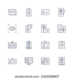Identity icon set. Thin line icon. Editable stroke. Containing business card, cover, eye scanner, id card, id, identity, identity card, passport, student, vip card, visa.