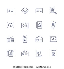 Identity icon set. Thin line icon. Editable stroke. Containing business card, cloud identity, eye scanner, id, id card, identity, identity card, passport, police identification, user, visa.