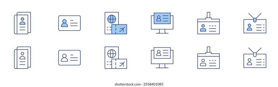 Identity icon set in two styles, Duotone and Thin Line style. Editable stroke. identity, digitalisation, identity card, passport, id card.
