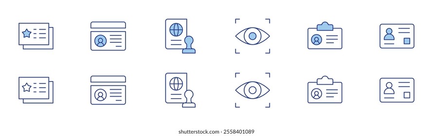 Identity icon set in two styles, Duotone and Thin Line style. Editable stroke. eye scanner, business card, identity, visa, identity card, passport.