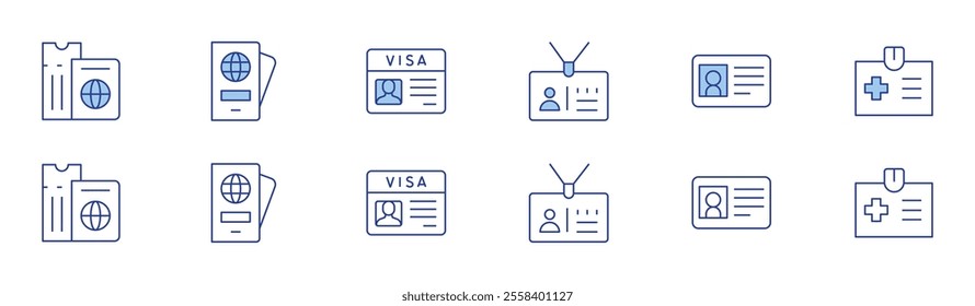 Identity icon set in two styles, Duotone and Thin Line style. Editable stroke. passport, visa, id card, card, id.