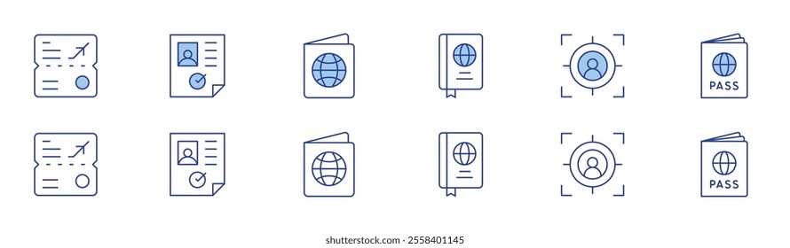 Identity icon set in two styles, Duotone and Thin Line style. Editable stroke. visa, passport, target.