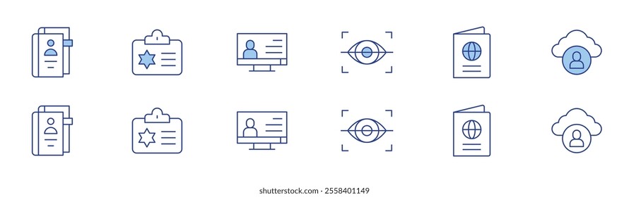 Identity icon set in two styles, Duotone and Thin Line style. Editable stroke. identity, police identification, eye scanner, passport, cloud identity, digital identity.