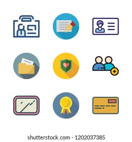 identity icon set. vector set about folder, card, shield and id card icons set.
