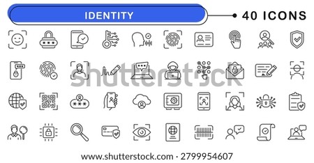 Identity icon set. Verification icons in line style. Editable web icons biometric, user security, verified account, privacy, safe access, secure login and data protection. Vector illustration.
