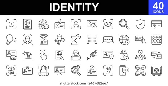 Identity icon set. Identity web icons in line style. Contains such icons as ID card, verification, document, fingerprint, identification, passport, DNA and more. Vector illustration