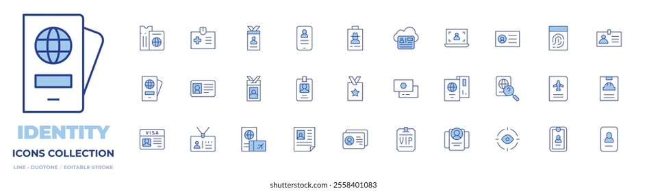 Identity icons collection. Line Duotone style, editable stroke. id card, visa, business card, vip, passport, vip, eye scanner, visitor.