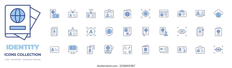 Identity icons collection. Line Duotone style, editable stroke. visa, eye scanner, business card, identity, passport, digitalisation, identity card, identity theft, id card.