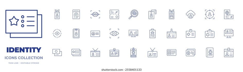 Identity icons collection. Thin Line icons, editable stroke. card, eye scanner, id card, business card, id, passport, police identification, cover, digital identity.