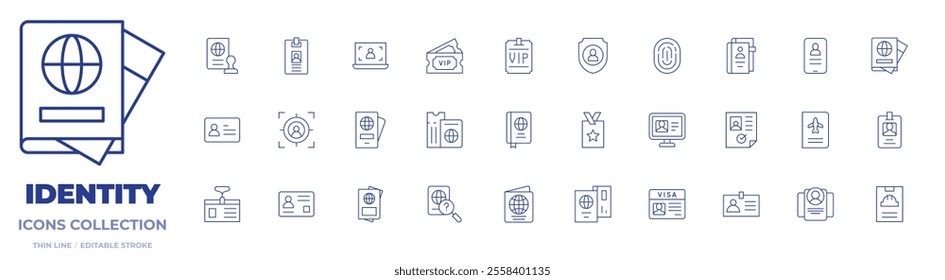 Identity icons collection. Thin Line icons, editable stroke. passport, id card, identity card, visa, id, identity, target, vip, visitor card.