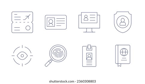 Identity icons. editable stroke. Containing card, digitalisation, eye scanner, fingerprint, id card, identity, passport, visa.