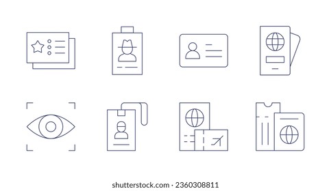 Identity icons. editable stroke. Containing business card, cover, eye scanner, id card, identity card, passport.