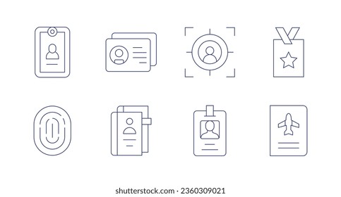 Iconos de identidad. trazo editable. Con tarjeta de identificación, identidad, pasaporte, destino, vip, tarjeta de visitante.