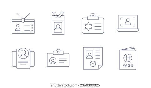 Identity icons. editable stroke. Containing id card, identity, passport, police identification, user, visa.