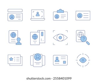 Identity icons. Line Duotone style, editable stroke. eye scanner, business card, user, identity, passport, visa, identity card, id card.