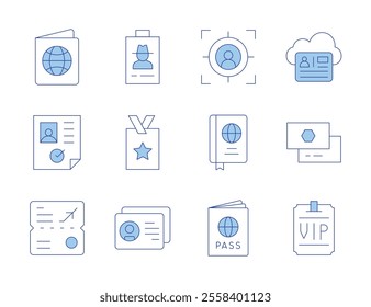 Identity icons. Line Duotone style, editable stroke. visa, business card, vip card, vip, passport, identity, target, cover, id card.