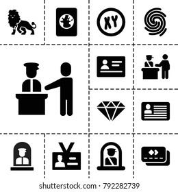 Identity icons. set of 13 editable filled identity icons such as pass control, airport officer, passport, xy, badge, finger print, gem, lion