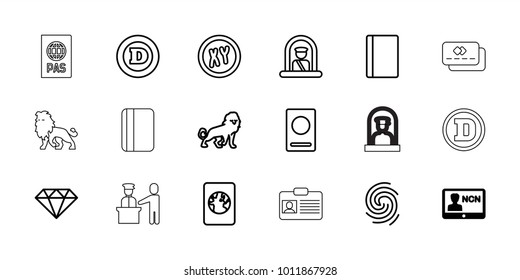 Identity icons. set of 18 editable outline identity icons: badge, airport officer, passport, lion, d letter, xy, finger print, gem, pass control