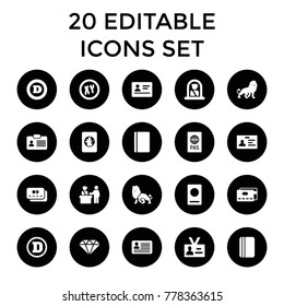 Identity icons. set of 20 editable filled identity icons such as pass control, airport officer, passport, lion, d letter. best quality identity elements in trendy style.