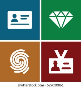 Identity icons set. set of 4 identity filled icons such as passport, badge, finger print