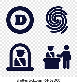Identity icons set. set of 4 identity filled icons such as pass control, airport officer, d letter