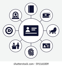 identity icons set. Set of 9 identity filled icons such as lion, pass control, airport officer, passport, d letter, badge, finger print