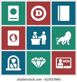 Identity icons set. set of 9 identity filled icons such as lion, pass control, airport officer, passport, d letter, badge