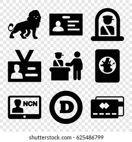 Identity icons set. set of 9 identity filled icons such as lion, pass control, airport officer, d letter, badge, passport