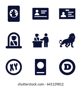 Identity icons set. set of 9 identity filled icons such as lion, pass control, airport officer, passport, d letter, badge