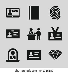 Identity icons set. set of 9 identity filled icons such as pass control, airport officer, passport, badge, finger print