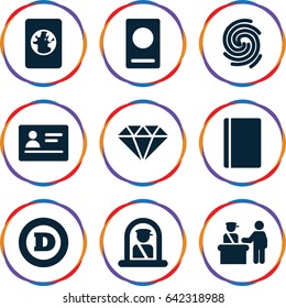 Identity icons set. set of 9 identity filled icons such as pass control, airport officer, passport, d letter, finger print