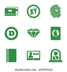Identity icons set. set of 9 identity filled icons such as airport officer, passport, d letter, finger print, badge, gem, xy
