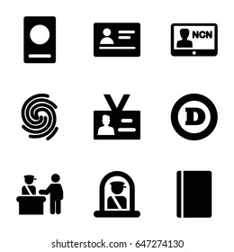 Identity icons set. set of 9 identity filled icons such as pass control, airport officer, passport, d letter, badge
