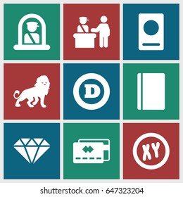 Identity icons set. set of 9 identity filled icons such as lion, pass control, airport officer, passport, d letter, gem, xy