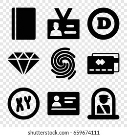 Identity icons set. set of 9 identity filled icons such as airport officer, passport, d letter, badge, finger print, gem, xy