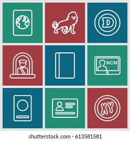 Identity icons set. set of 9 identity outline icons such as airport officer, passport, lion, d letter, badge