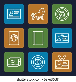 Identity icons set. set of 9 identity outline icons such as passport, lion, d letter, badge, XY