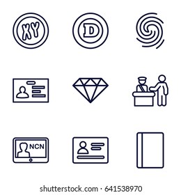 Identity icons set. set of 9 identity outline icons such as pass control, passport, d letter, badge, finger print, gem