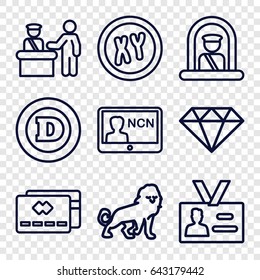Identity icons set. set of 9 identity outline icons such as pass control, airport officer, lion, d letter, badge, gem, xy
