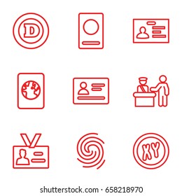 Identity icons set. set of 9 identity outline icons such as pass control, passport, d letter, badge, finger print
