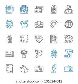 identity icons set. Collection of identity with id card, user, without, letter, scanning, badge, dove, credit card, worldwide, passport. Editable and scalable identity icons.