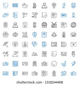 identity icons set. Collection of identity with id card, worldwide, passport, pass, letter, swan, neptune, credit card, badge, qr code, tooth. Editable and scalable identity icons.