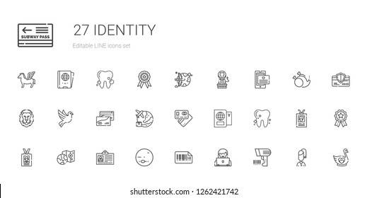 identity icons set. Collection of identity with scanning, user, bars code, neptune, id card, worldwide, tooth, passport, debit card, credit card. Editable and scalable identity icons.