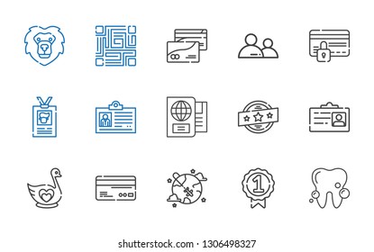 identity icons set. Collection of identity with tooth, badge, worldwide, credit card, swan, id card, brand, passport, user, qr code, lion. Editable and scalable identity icons.